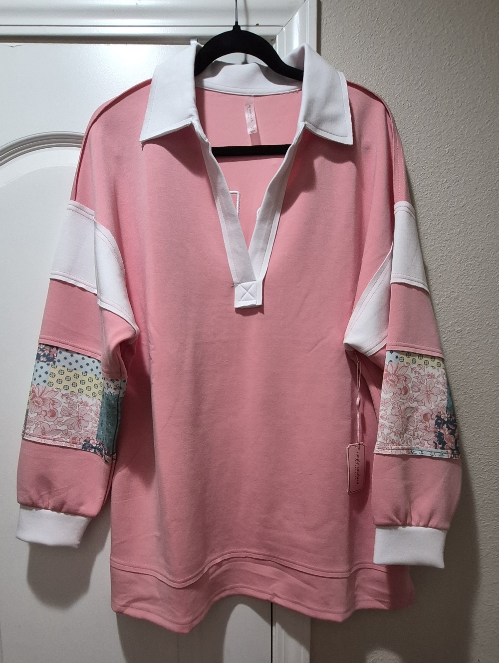 Simply Southern Pink Oversized Medium Pullover Sweatshirt Patchwork “05” NWT